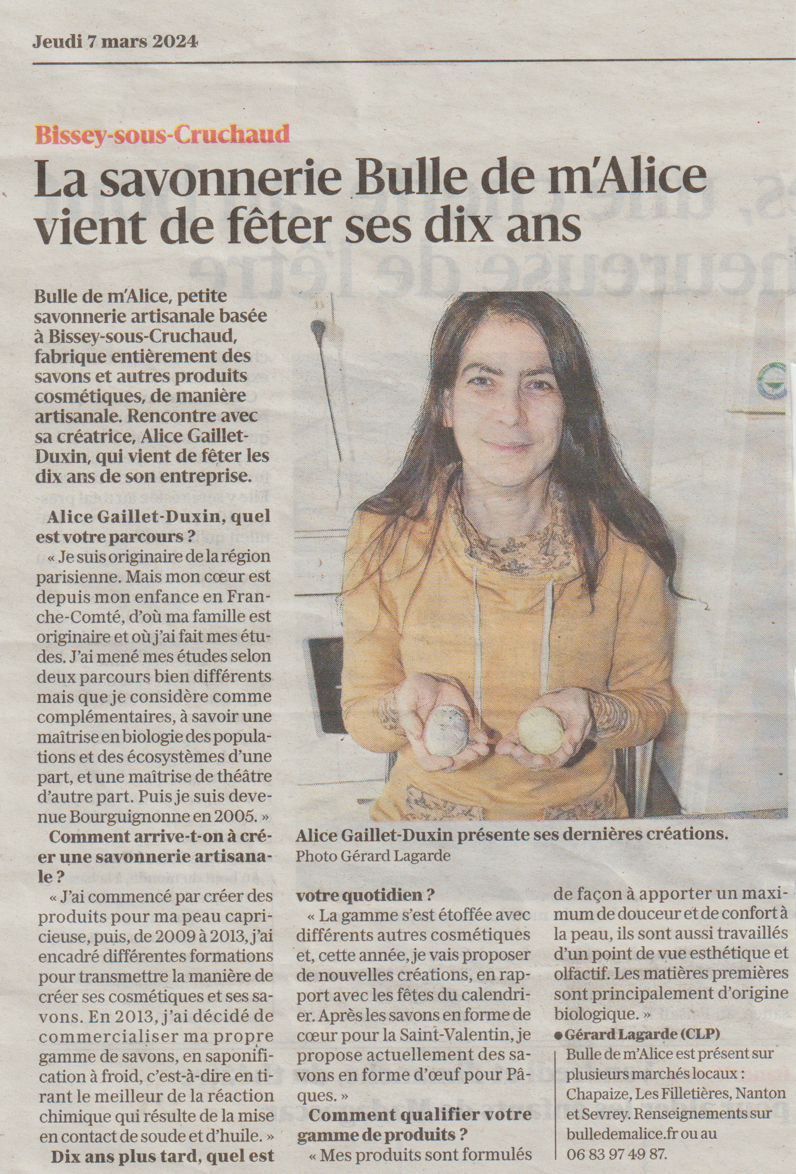 Lire la suite à propos de l’article Article du jsl du 07 mars 2024 sur ma savonnerie Bulle de m&rsquo;Alice