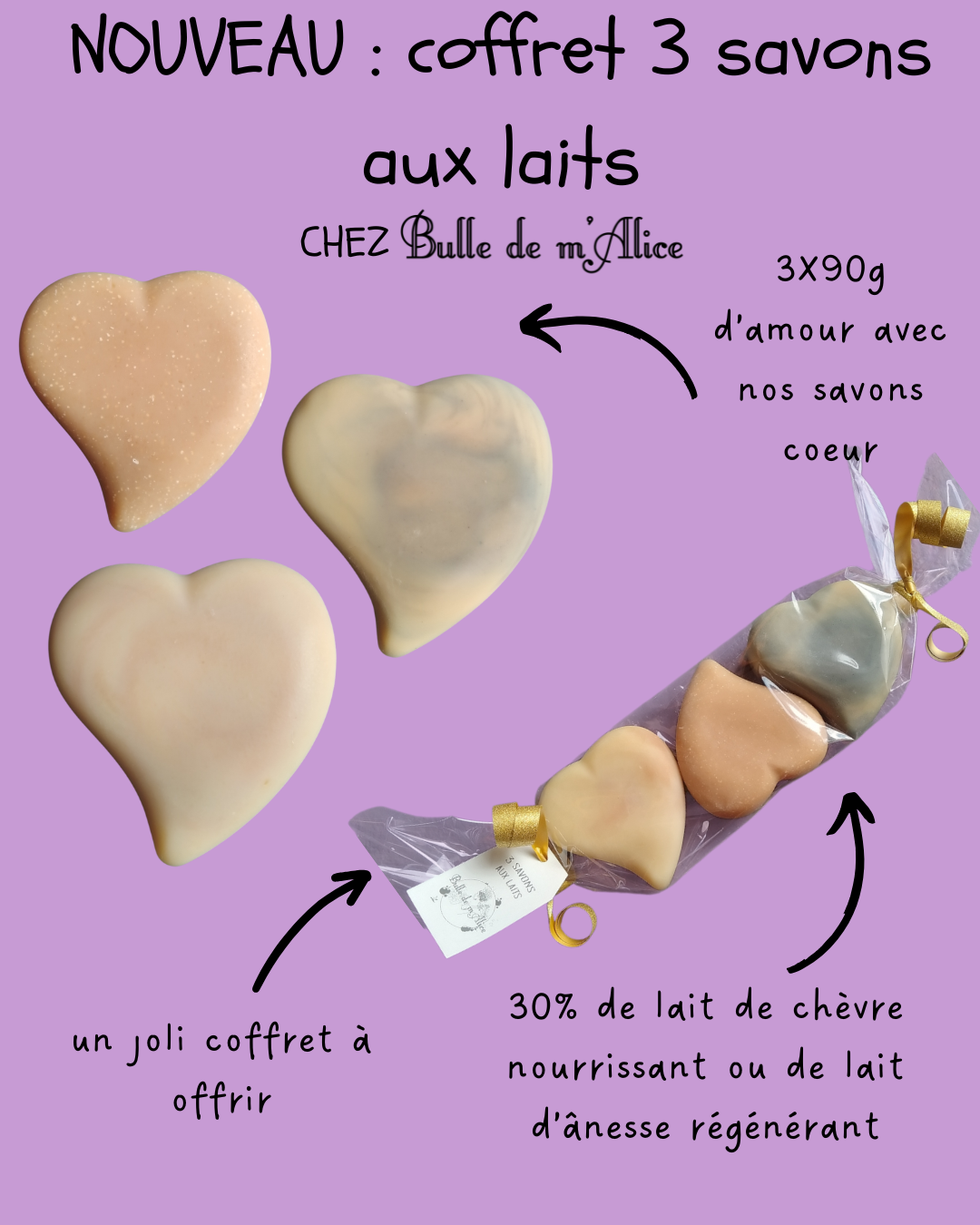 Lire la suite à propos de l’article NOUVEAU : coffret de 3 savons cœur aux lait de chèvre et d&rsquo;ânesse